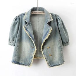 Women's Jackets Short Sleeve Denim Jacket Women Vintage Tassel Autumn Crop Jeans Coats Harajuku Korean Turndown Collar Button Casual Outwear