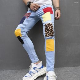 Men's Jeans Men Slim Fit Patchwork Colour Lump Skinny Cacual Straight Elasitc Long Denim Pants Male Moto Biker Streetwear Light Blue