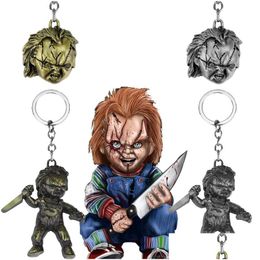 Keychains Lanyards Childs Play Keychain Classic Horror Movie 3D Chucky Cosplay Metal Pendant Keyring Charm Jewelry Christmas Gift Fo Ot6On