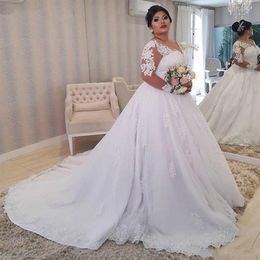 Plus Size 2020 Wedding Dress V Neck Lace Appliqued Beach Outdoor Bridal Dresses Long Sleeve Wedding Gowns Vestidos De Novia270o