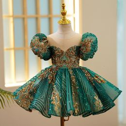 Girl's Dresses Kids Luxury Party Green Gold Dresses for Girls Size 3 To 14 Years Birthday Po Shoot Gown Evening Formal Lace Dress Prom Frock 230731