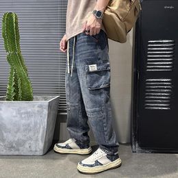Men's Jeans Street Fashion Men Loose Fit Retro Blue Big Pocket Designer Denim Harem Straight Trousers Hip Hop Wide Leg Pants