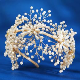 Luxury Full Pearls Bridal Flower Crowns Tiaras for Wedding Princess Gold Hairbands Headbands Korean Handmade Hair Accessories