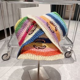 Fashion Knitted Hat Women Horizontal Striped Colorful Straw Hat Wool Hat Vintage Classic Wide Brim Round Top Bucket Hat