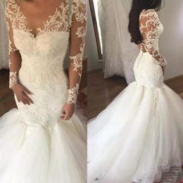 Fashion Mermaid V-Neck Bridal Gowns Lace Appliques Mermaid Wedding Dress Sexy Tulle Long Sleeves Wedding Dresses Vestido De Noiva250H