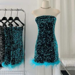 Women's Fur Faux Fur Sexy Nightclub Slim Cocktail Dress Sequins Faux Ostrich Fur Edge Feathers Wrap Hip Beading Dress Bodycon Dress Vestidos Mujer HKD230727