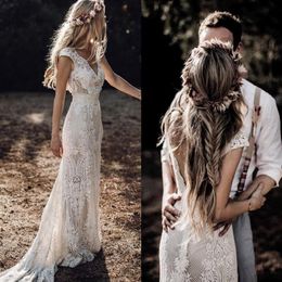 Veil Country Boho Lace Wedding Dresses Sheath V Neck Cap Sleeve 2020 Bohemian Bridal Gowns Sweep Train Backless Robe De Mar2265