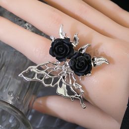 Vintage Metal Hollow Butterfly Black Flower Open Rings for Women Temperament Finger Ring Adjustable Party Jewellery Gift
