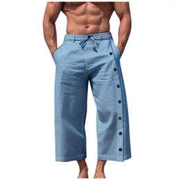 Men's Pants Trousers Casual Loose And Comfortable Cotton Linen Fashion Design Side Buttons Pantalones Hombre