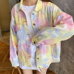 Womens Jackets Colorful Tie Dye Denim Jacket Korean Fashion Autumn Loose Long Sleeve Top Harajuku Jackets Streetwear Coat Women Y2k 230729