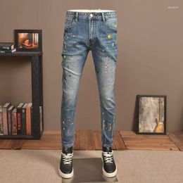 Men's Jeans Fashion Streetwear Men Retro Blue Stretch Skinny Fit Ripped Painted Designer Hip Hop Denim Pencil Pants Hombre