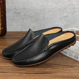 Sandals Summer Leather Men Loafers Breathable Half Shoes For Causal Moccasins Comfy Slip On Soft Driving Boat Men's