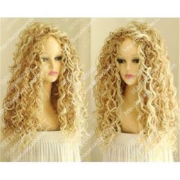 Fashion Women Yellow Afro Curly Medium Synthetic Hair Cosplay Party Full Wig266c