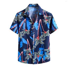 Men's Casual Shirts Leaf Print Beach Style Hawaii Shirt Tops Short Sleeve Turn-Down Collar Cotton Linen Button Blouse Breathable Male Cool