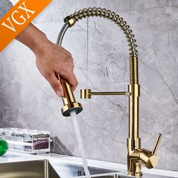 Kitchen Faucets VGX Pull Out Kitchen Sink Faucet Stream Sprayer Kitchen Gourmet Faucet Rotatable Basin Mixer Tap Cold Crane Brass Black Gold 230729