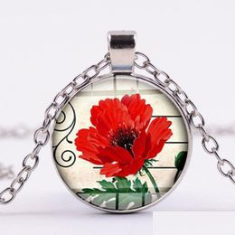 Pendant Necklaces Red Beautif Flower Chain Necklace Field Of Flowers Art Natural Glass Cabochon Women Charm Jewellery Drop Delivery Pend Dhwws