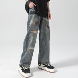 Men's Jeans Summer Graffiti Frayed Thin Mopping Floor Loose Wide-leg Pants High Street Causal Trousers Male Clothes