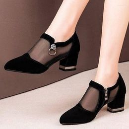 Dress Shoes FHANCHU 2023 Women Pumps Summer Heels Rhinestone Mesh Hollow Out Side Zip Pointed Toe Black Big Size 35-43 Dropship