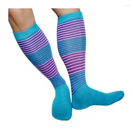 Men's Socks Men Cotton Knee High Cross Stripe Sky Blue Quality Brand Male Stocking Softy Breathable Man Hose