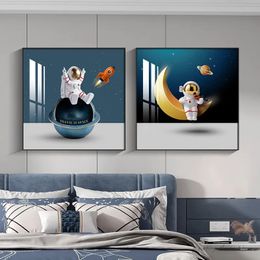 Astronaut Travel Canvas Painting Cartoon Planet Posters and Prints Modern Wall Art Pictures for Home Boys Living Room Decor w06