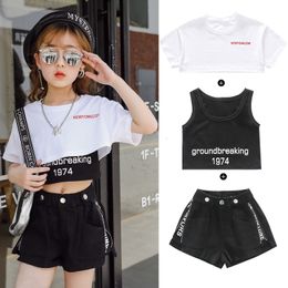 Clothing Sets Summer Fashionable Girls Clothes Three piece Sweatshirt Short T shirt Skinny Vest Shorts Letters Printed 3 13Y Girls Suits 230731