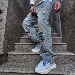 Men's Jeans 2023 Spring Stylish Streetwear Loose Ripped Men Straight Slim Fit Trousers Hip Hop Male Holes Solid Casual Denim Pants