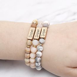 Strand 3 Colors Letter Sister Natural Stone Bracelet Stretchable Metal Bangle Bead Chain For Women Girl Ie Soul Mate Birthday Gift