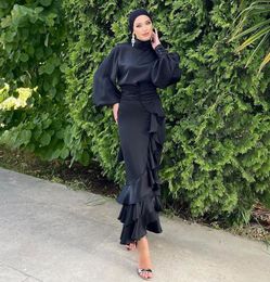 Ethnic Clothing Islamic Satin Round Neck Shirt Long Sleeve Ruffled Half Skirt Solid Colour Slim Fit Muslim Women's Dress Two Piece Set