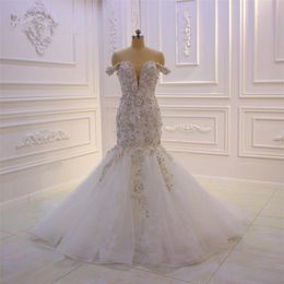 2019 Vintage 3D Lace Flowers Mermaid Wedding Dresses Luxury Off Shoulder Sequined Beaded Plus Size Bridal Gown Real Pictures277y