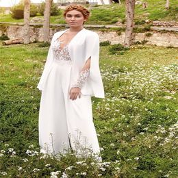 Elegant Jumpsuit Mother Of The Bride Dresses Lace Appliques Evening Dress Long Sleeves With Wrap Formal Mother's Wear259j