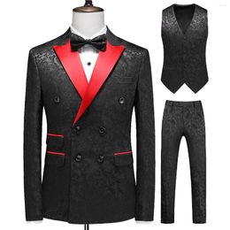 Men's Suits Fashion Men Business Wedding Host Dark Print 3 Pcs Set / Male Slim Fit Double Breasted Dress Suit Blazers Jacket Pants Vest
