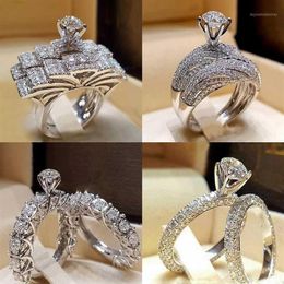 Wedding Rings 2Pcs Bridal Set Elegant For Women Shiny Cubiz Zircon Female Ring White Gold Colour Engagement Fashion Jewelry12755