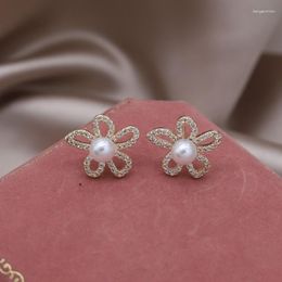 Stud Earrings 14K Gold Plating French Fashion Jewelry Exquisite Zircon Hollow Flower Pearl Elegant Women's Daily Work Accessories