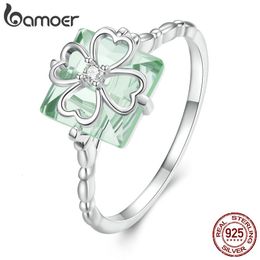 Wedding Rings 925 Sterling Silver Light Green Four leaf Clover Finger Ring Delicate Women Platinum Plated Fine Jewellery BSR339 230729