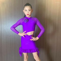 Stage Wear Purple Mesh Sleeved Cutout Latin Dance Dress Girls Professional Kids Competition Costume SL8786