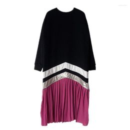 Casual Dresses Autumn Patchwork Dress Ladies Urban Loose Straight O-neck Women Pullover Pleated