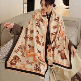 Scarves Winter Scarf Women Warm Cashmere 2023 Luxury Pashmina Design Print Horse Shawls Double-sided Thick Foulard Bufanda