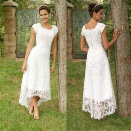 Modest Full Lace A-line Wedding Dresses 2020 Vintage Scoop Neck Tea-length Bridal Gowns Boho Hi-Lo Wedding Dresses255t