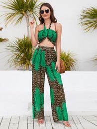 Women's Two Piece Pants Fashion Sexy Women Crop Tops Wide-leg Sets Print Streetwear Casual Slim Female Clothes