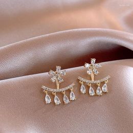 Stud Earrings Korea Design Fashion Jewelry 14K Gold Plated Luxury Zircon Flower Tassel Earring Elegant Women's Party Sparkling Accessories