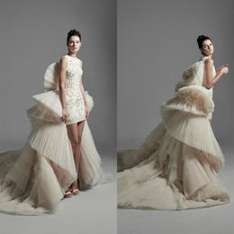 2020 Krikor Jabotian Wedding Dresses With Detachable Train Tulle Ruffles Tiered Skirts High Low Wedding Dress Custom Made Abiti Da267Z