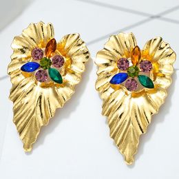 Stud Earrings 24K Gold Plated Colourful Stone Leaf Bohemian For Women Cubic Zirconia Fashion Jewellery Daily Wear