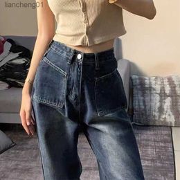 Blå jeans kvinnor 2022 streetwear koreansk mode rak ben jeans kvinna hög midja kvinnliga kläder y2k vintage kläder denim l230619