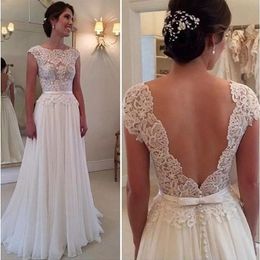 Scoop Neck Lace Chiffon Beach Wedding Dress With V Back 2020 Appliques Wedding Gowns New Casamento291J