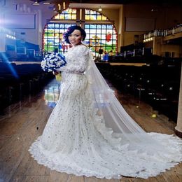 Gorgeous Arabic Nigerian Wedding Dresses with Long Sleeves Beaded Crystal Chapel Train Lace 2018 Mermaid Bridal Gowns Vestidos De 344k