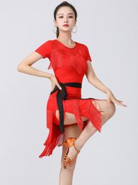 Stage Wear Short Sleeve Female Latin Dress Practise Girls Solid Colour Evening Dresses Women's Adult Fantasy Clothes Tassels Prom