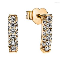 Stud Earrings Single Row Bar Ear Piercing For Women Pave Setting Clear Zircon Real Shine Gold Original Jewellery Mother's Day Gift