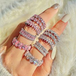 Band Rings S925 Silver Rings Princess Pink Square Diamond Heart Egg Shaped Zircon Rings Row Diamond Stacked Silver Rings JZ005