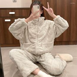 Women's Sleepwear Long-Sleeved Coral Fleece Pyjamas Winter Casual Warm Flannel Home Service Pyjama Set Women