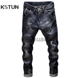 Men's Jeans KN Ripped Jeans Men Dark Blue Stretch Slim Fit Distressed Streetwear Denim Pants Casual Retro Biker Jeans Man Trousers Hiphop J230728